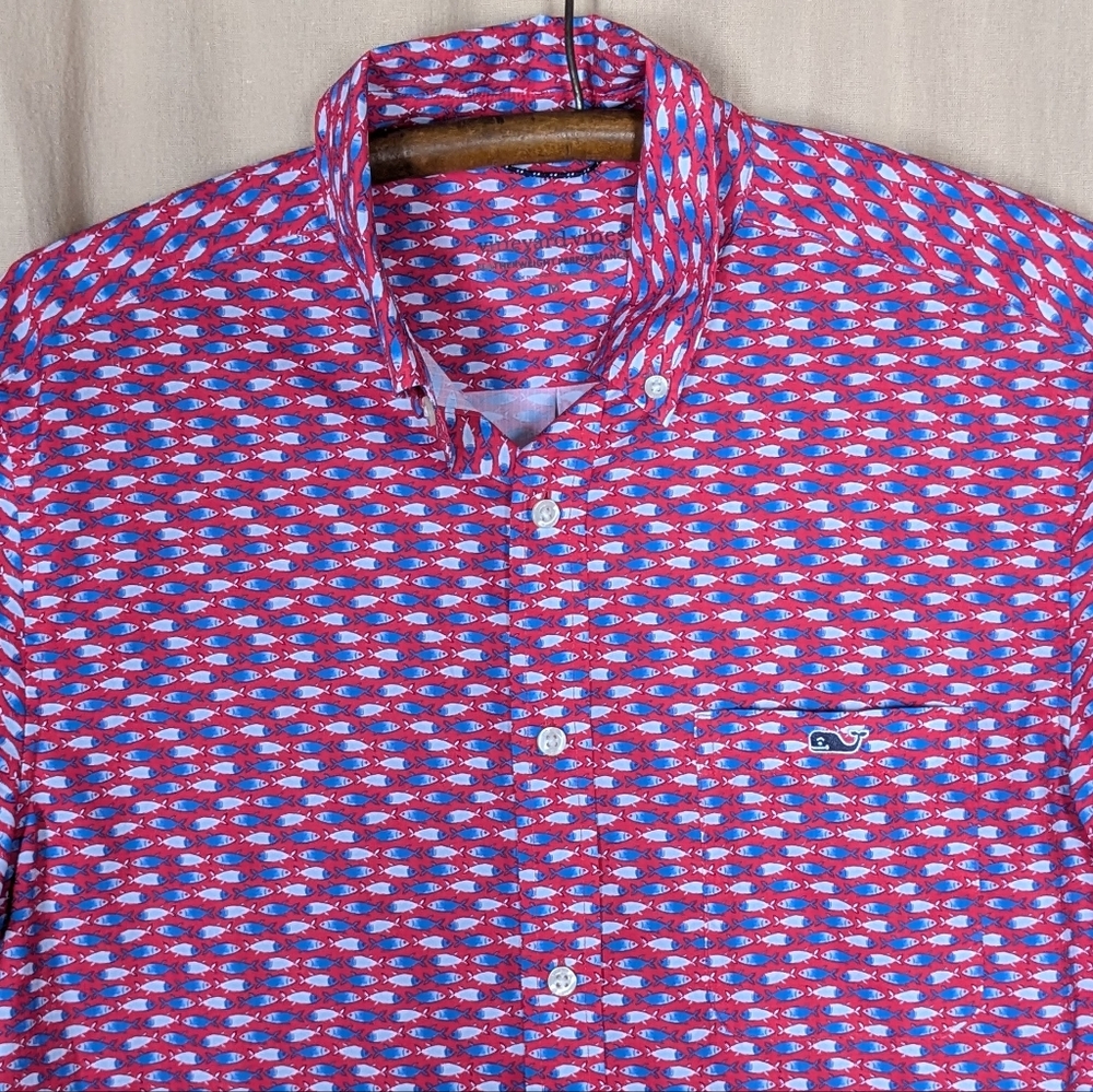 Vineyard Vines Micro Fish Red Short Sleeve Feather Performance Ripstop Shirt Med - Picture 3 of 10